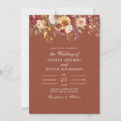 焼モダンけオレンジ色のテラコッタ結婚ワイルドフラワー 招待状 (正面)