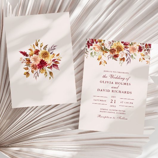 焼モダンけオレンジ色のテラコッタ結婚ワイルドフラワー 招待状