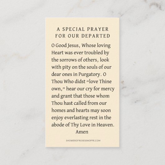 煉獄の葬儀における魂のためのカトリック祈りの言葉 プレイスカード (裏面)