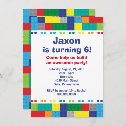 煉瓦男の子の誕生会の積み重ね 招待状 (正面/裏面)