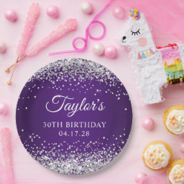 煌びやかなシルバーグリッター ロイヤルパープルの30歳の誕生日 ペーパープレート