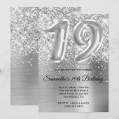 煌びやかなラメ入りシルバーグラマラス19歳の誕生日 招待状 (正面/裏面)