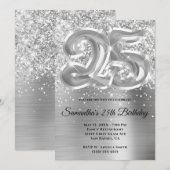 煌びやかなラメ入りシルバーグラマラス25歳の誕生日 招待状 (正面/裏面)