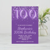 煌びやかなラメ入りロイヤルパープルの100歳の誕生日 招待状 (スタンド正面)