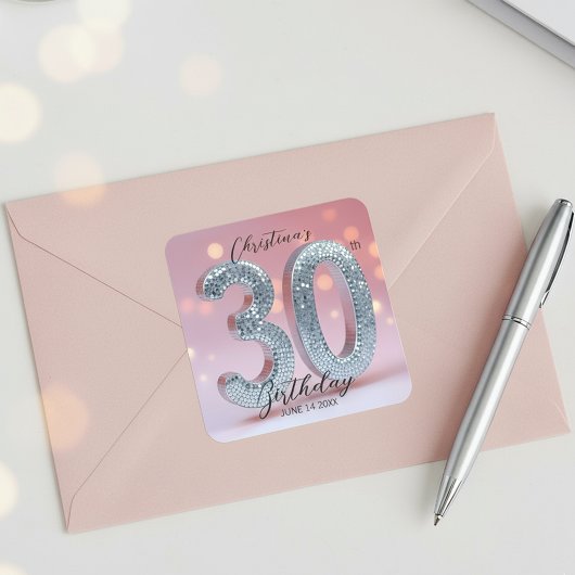 煌びやかな大人ピンクとシルバーグリッターの30歳の誕生日 スクエアシール