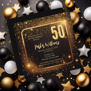 煌めくスパークル スター ゴールド 50歳の誕生日パーティー 招待状