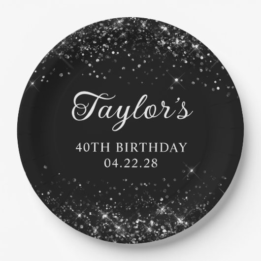 煌めくブラックの40歳の誕生日 ペーパープレート (正面)