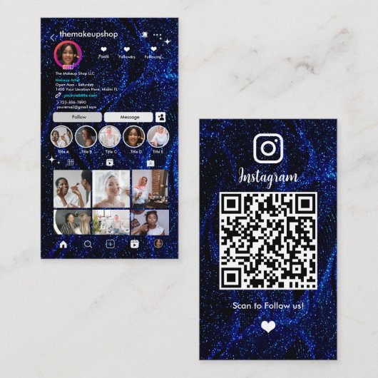 煌めくブルーのラメ入りInstagram QRコードソーシャル 名刺 (正面/裏面)