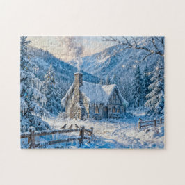 煙と松のある雪の山の小屋の絵 ジグソーパズル