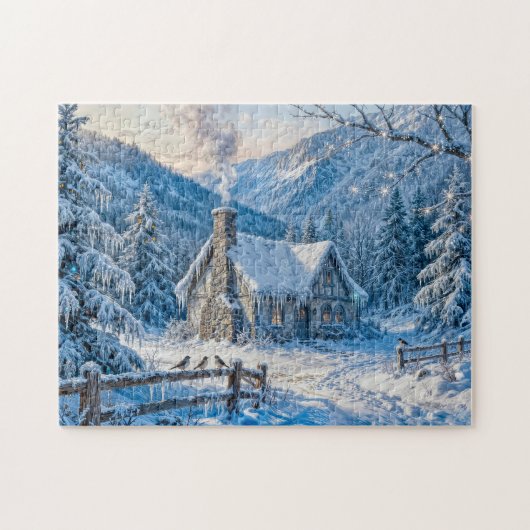 煙と松のある雪の山の小屋の絵 ジグソーパズル (横)