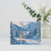 煙と松のある雪山のコテージの絵 ポストカード (スタンド正面)