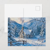 煙と松のある雪山のコテージの絵 ポストカード (正面/裏面)