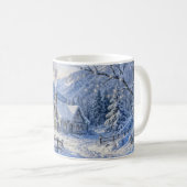 煙と松の木の雪山コテージの絵 コーヒーマグカップ (正面右)