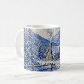 煙と松の木の雪山コテージの絵 コーヒーマグカップ (正面左)