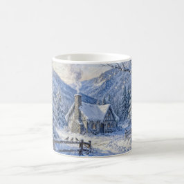 煙と松の木の雪山コテージの絵 コーヒーマグカップ