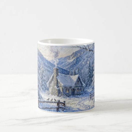 煙と松の木の雪山コテージの絵 コーヒーマグカップ (中央)