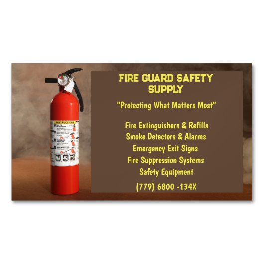 煙と赤の消火器の火災安全 マグネット名刺 (正面)