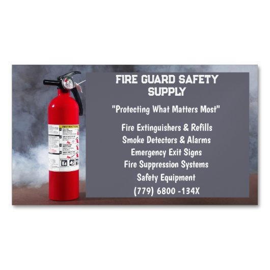 煙と赤の消火器の火災安全 マグネット名刺 (正面)
