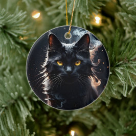 煙に巻かれた黒猫の神秘的な姿 セラミックオーナメント