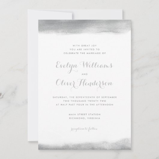 煙の灰色の水彩画のすくいの結婚式 招待状 (正面)