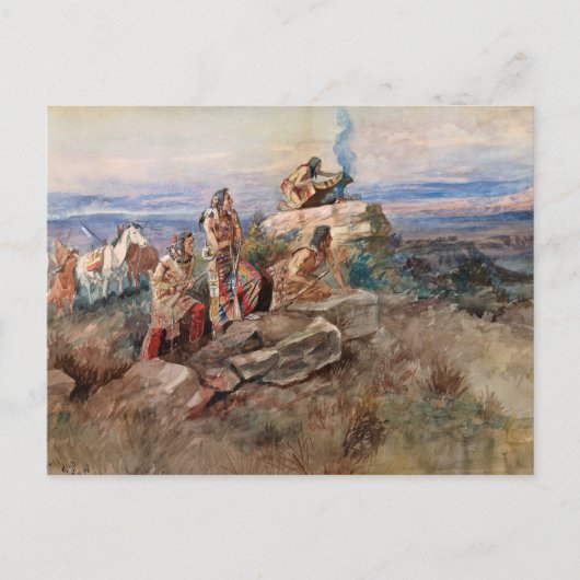 煙信号， 1896 by Charles Marion Russell ポストカード (正面)