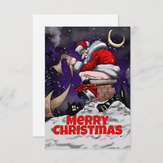 煙突の上に座っている漫画のサンタ サンキューカード (正面/裏面)