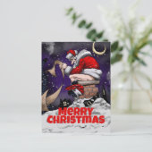 煙突の上に座っている漫画のサンタ ポストカード (スタンド正面)