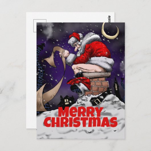 煙突の上に座っている漫画のサンタ ポストカード (正面/裏面)