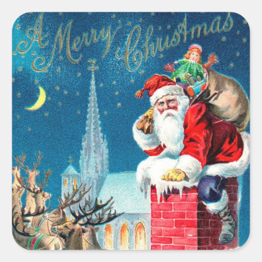 煙突の上のヴィクトリア調サンタクロースのクリスマス スクエアシール (正面)