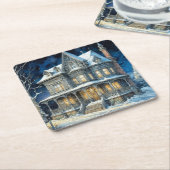 照らされたかわいらしクリスマスハウス スクエアペーパーコースター (アングル)