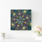 照らされたモダンで青い紫色のフラクタルパターン スクエア壁時計 (ホーム)