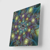 照らされたモダンで青い紫色のフラクタルパターン スクエア壁時計 (傾斜)