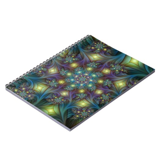 照らされた抽象芸術の青い紫のフラクタルパターン ノートブック (左側)