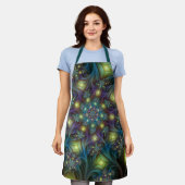 照らされた抽象芸術光沢のある青い紫色のフラクタルアート エプロン (着用した状態)