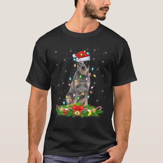 照明クリスマスサンタブルーヒーラードッグクリスマス Tシャツ (正面)