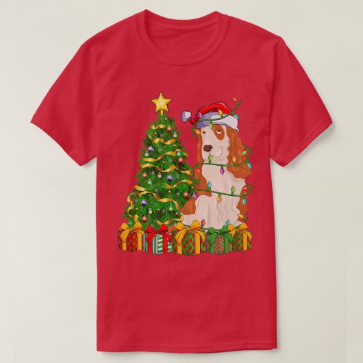 照明クリスマスツリーマッチングサンタコッカースパニエル犬C Tシャツ (デザイン正面)