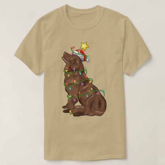 照明クリスマスツリーマッチングサンタニューファンドランド犬 Tシャツ (デザイン正面)