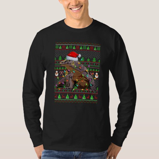 照明付きコモドドラゴン クリスマスセーター風デザインTシャツ Tシャツ (正面)
