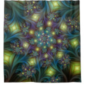 照明抽象芸術光沢のあるティール（緑がかった色）紫色のフラクタルアート シャワーカーテン (正面)