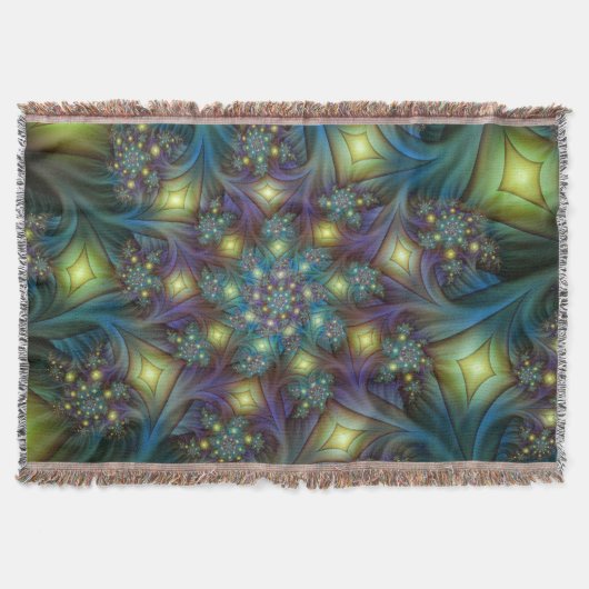 照明抽象芸術光沢のあるティール(緑がかった色)紫色のフラクタルアート スローブランケット (正面)