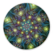 照明抽象芸術光沢のあるティール（緑がかった色）紫色のフラクタルアート セラミックノブ (正面)