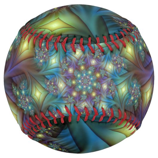照明抽象芸術光沢のあるティール（緑がかった色）紫色のフラクタルアート ソフトボール (正面)