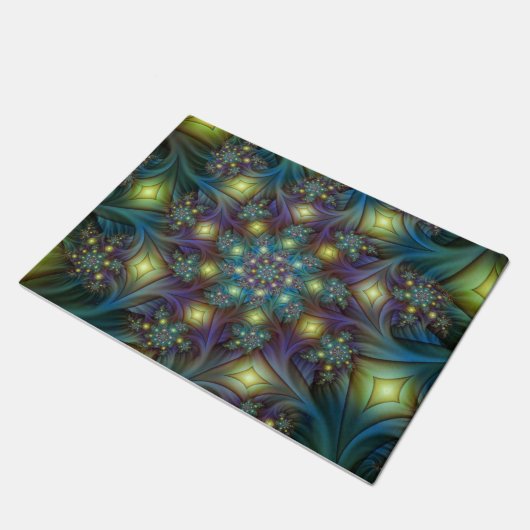 照明抽象芸術光沢のあるティール（緑がかった色）紫色のフラクタルアート ドアマット (アングル)