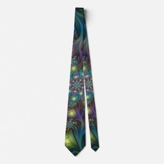 照明抽象芸術光沢のあるティール(緑がかった色)紫色のフラクタルアート ネクタイ (正面)