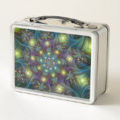 照明抽象芸術光沢のあるティール（緑がかった色）紫色のフラクタルアート メタルランチボックス (裏面)