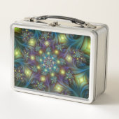 照明抽象芸術光沢のあるティール（緑がかった色）紫色のフラクタルアート メタルランチボックス (正面)