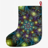 照明抽象芸術光沢のあるティール（緑がかった色）紫色のフラクタルアート ラージクリスマスストッキング (裏面)