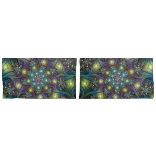 照明抽象芸術光沢のあるティール(緑がかった色)紫色のフラクタルアート 枕カバー (正面-セット)