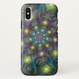 照明抽象芸術光沢のあるティール(緑がかった色)紫色のフラクタルアート iPhone XSケース