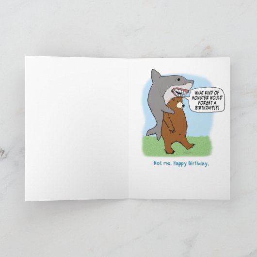 熊おもしろいとサメの背の高い誕生日 カード (内部)